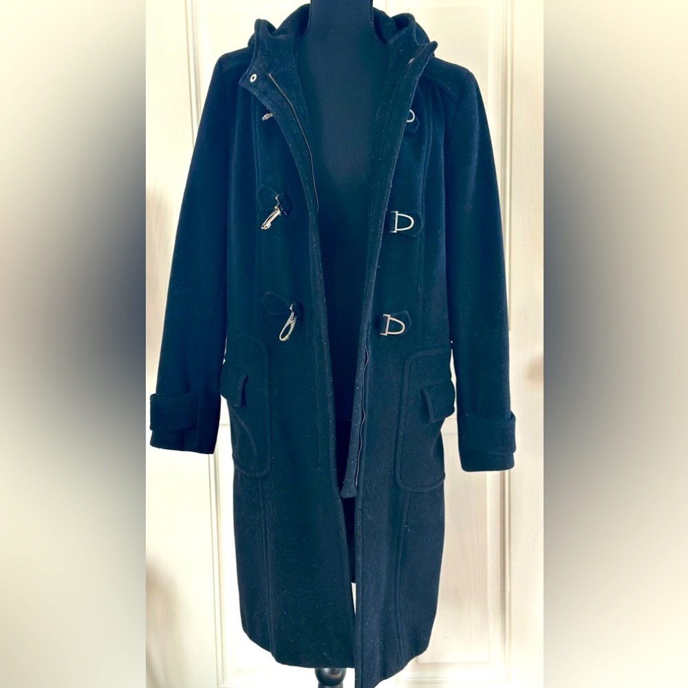 Kenneth Cole Reaction Black Peacoat with Metal Toggle Closures, Zipper, Hood, 8